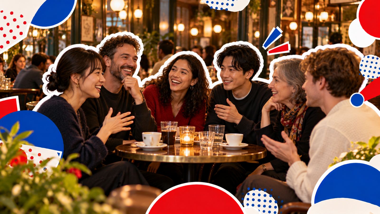 A language exchange table in a café where people from different countries talk and laugh together