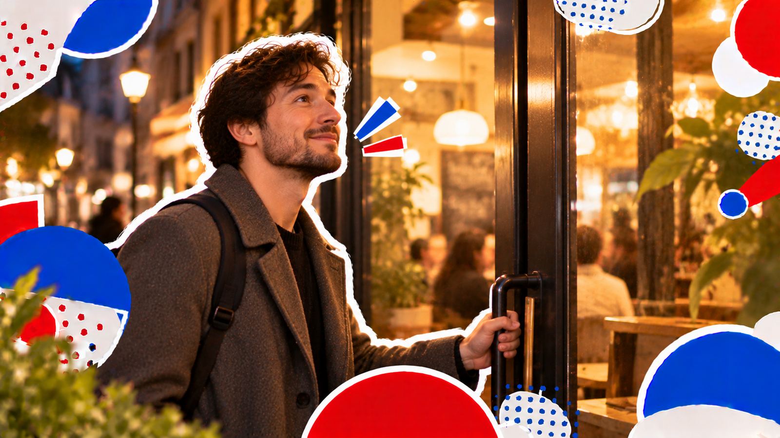 A man taking a breath in front of a café's glass door, hand on the handle, about to go in