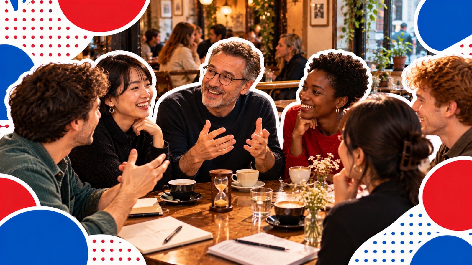 English and French speakers talking around a table in a Paris café