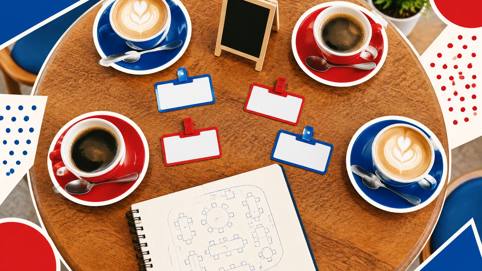 A café table seen from above with coffee cups, blank name tags and a notebook with a sketched seating plan