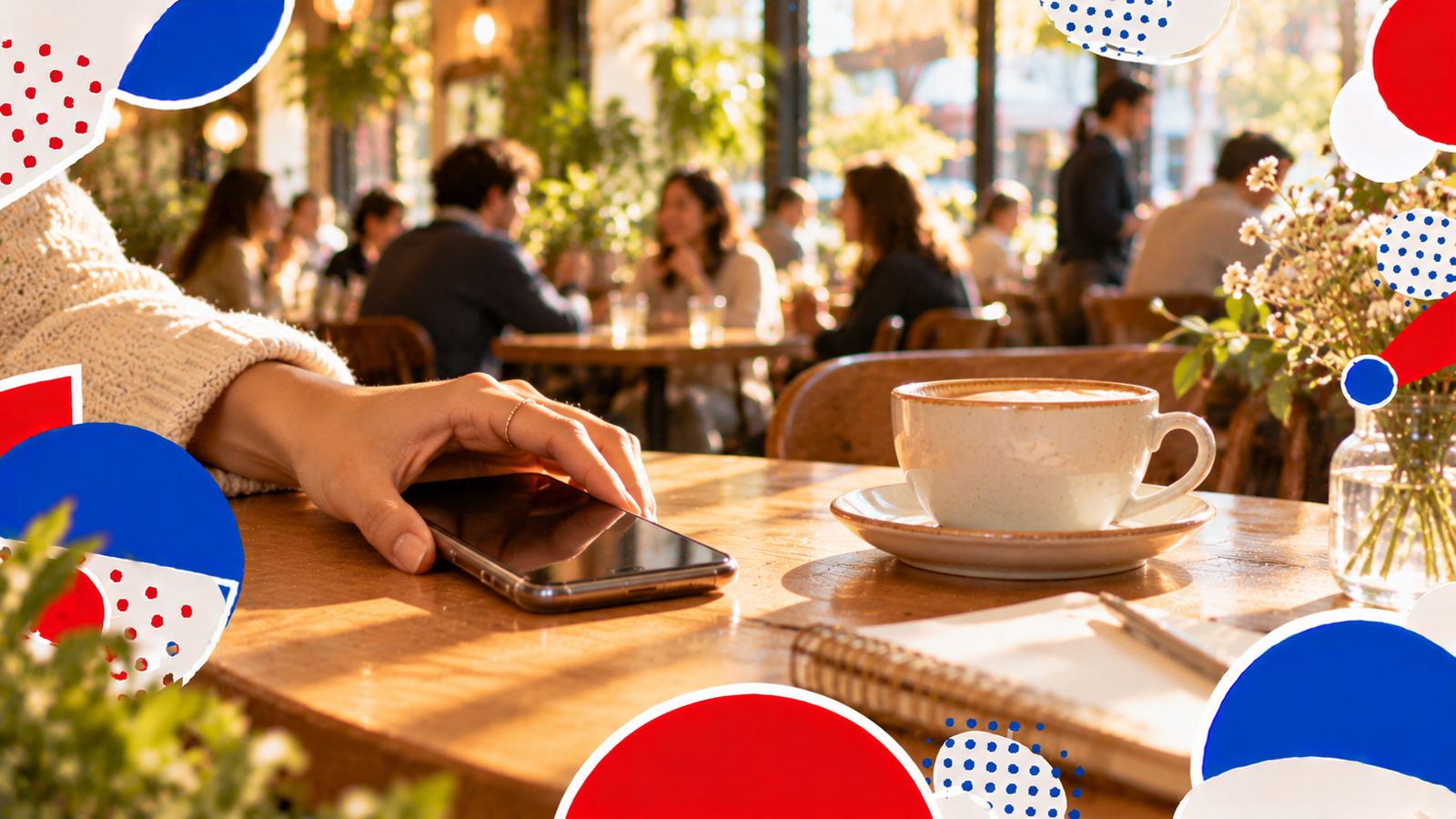 カフェのテーブルで、コーヒーの横にスマートフォンを伏せて置く手。後ろにはにぎやかなカフェ
