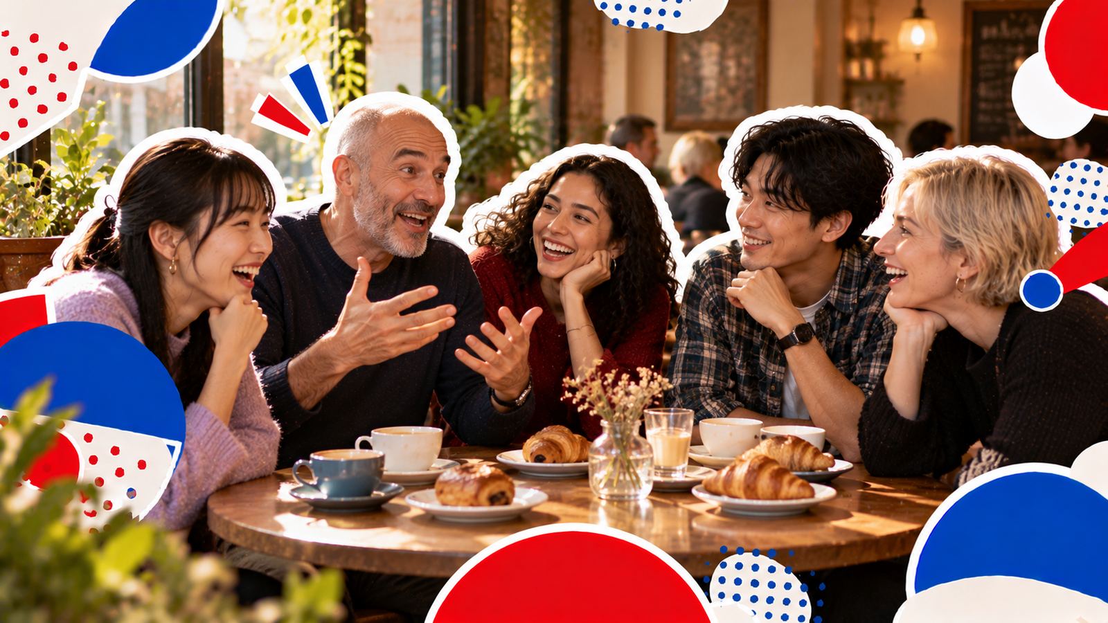 A table of five people from different countries in a café, laughing as one of them tells a story