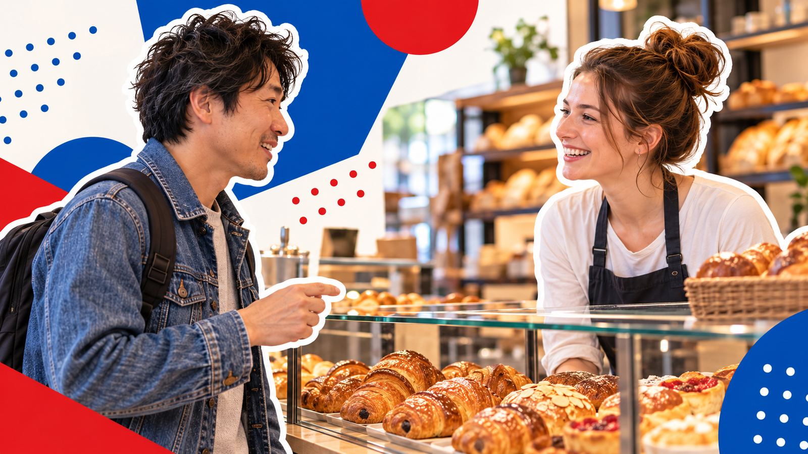 パリのパン屋のカウンター越しに、日本人の男性とフランス人の店員が笑顔で話している様子