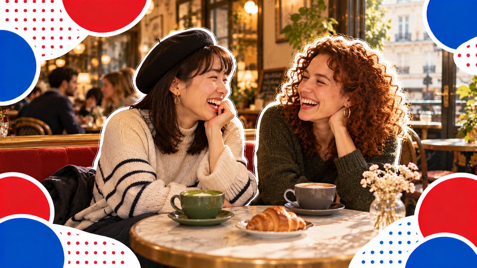 パリのカフェで、日本人とフランス人が笑いながら話している様子