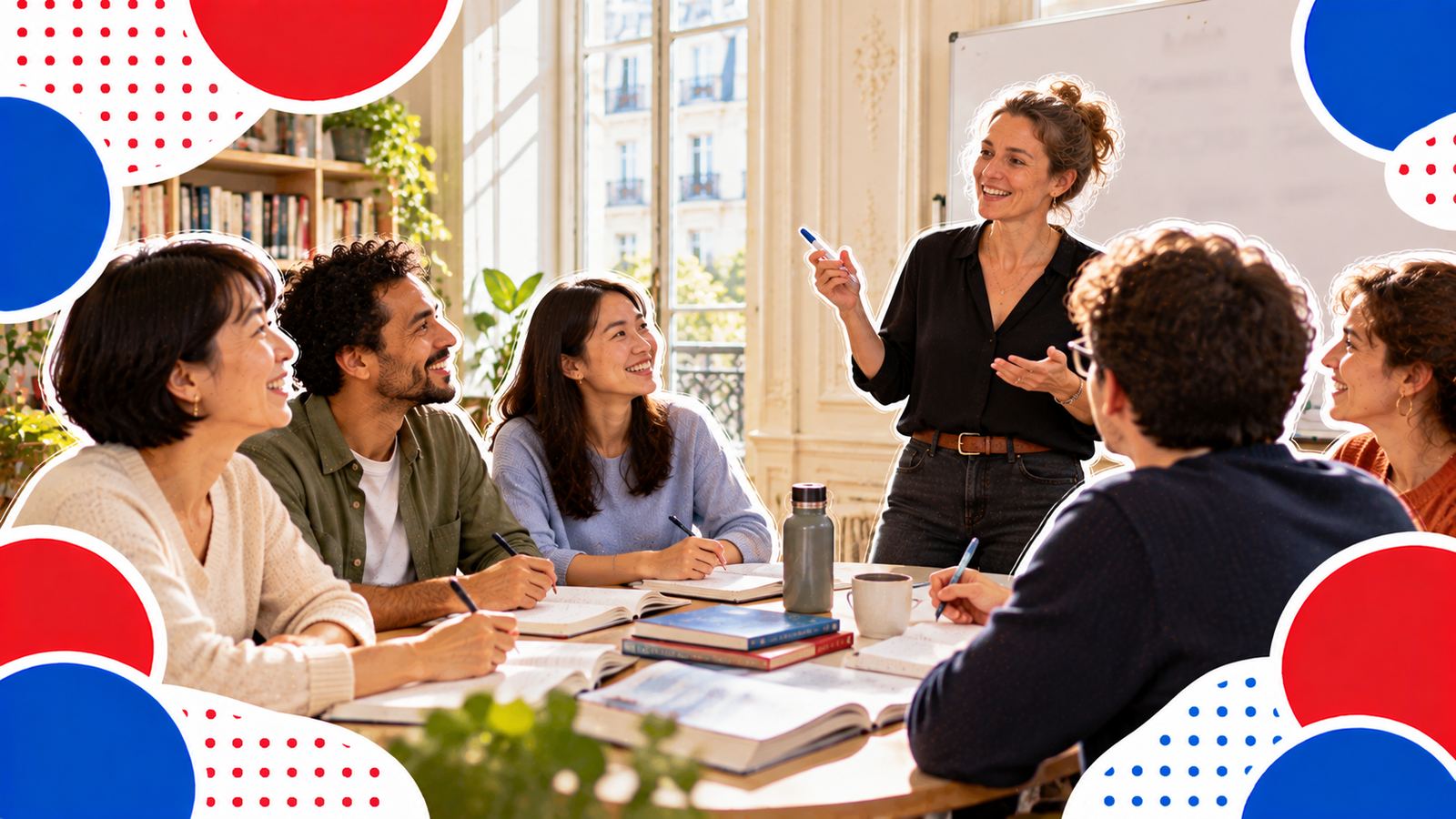 パリの語学学校の教室で、フランス語の授業を受ける大人たち