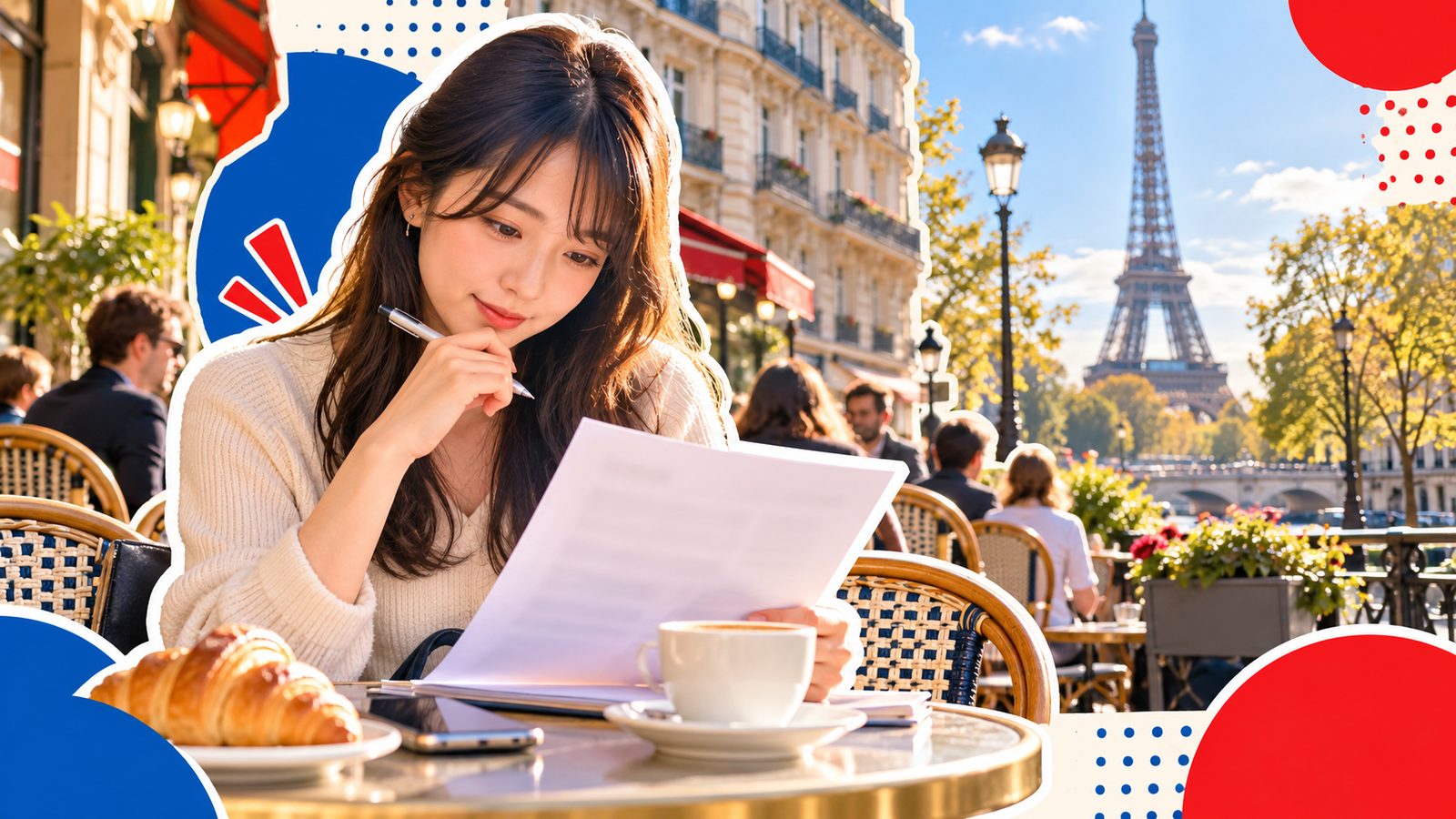 パリのカフェで求人情報を見ながら仕事を探す様子