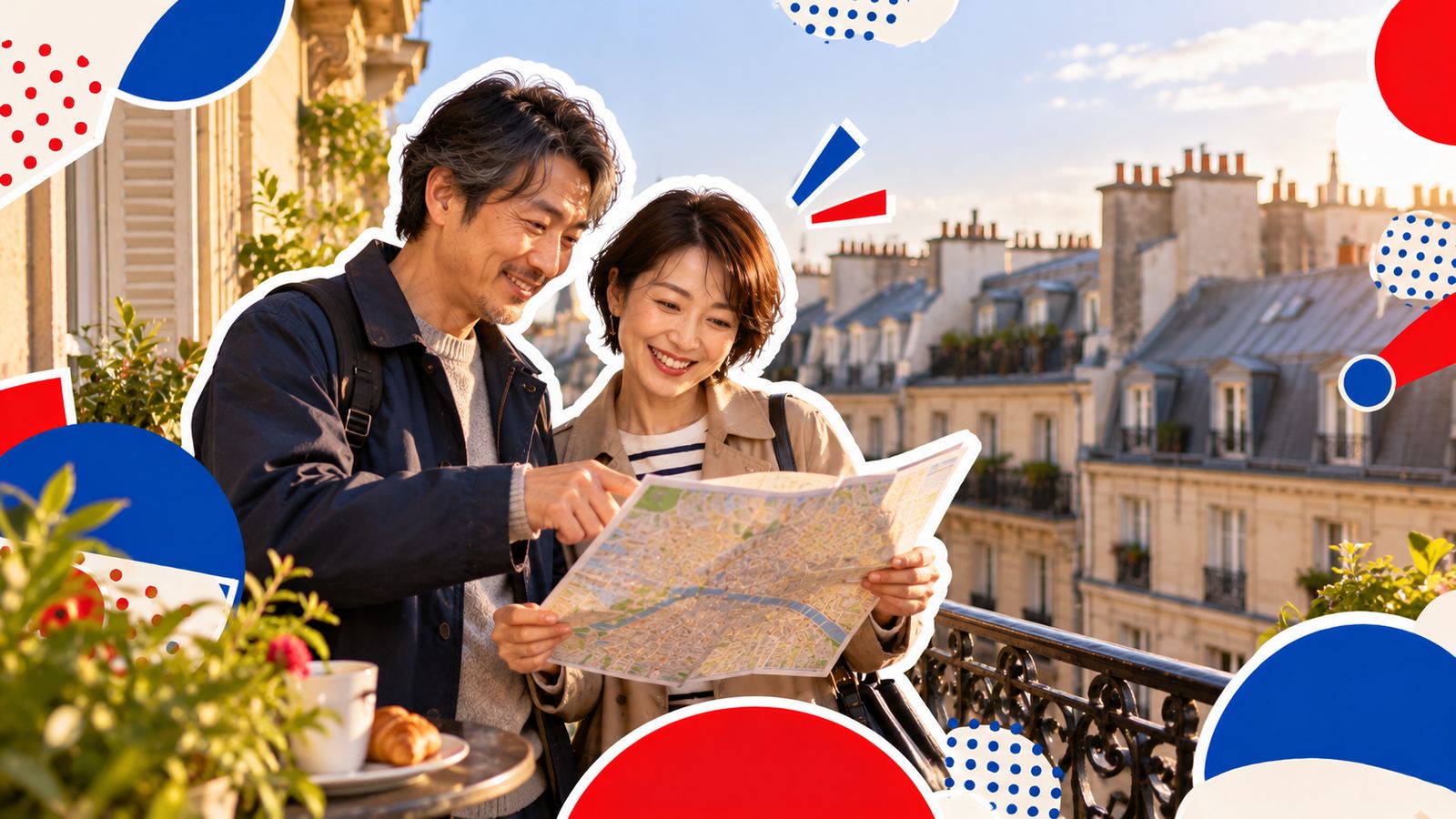 パリの屋根を見下ろすアパルトマンのバルコニーで、地図を見ながら住む場所を相談する日本人の夫婦