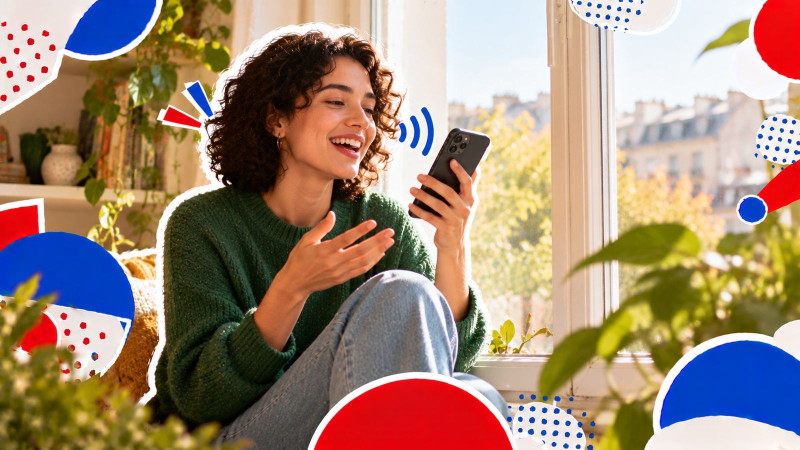 A woman sitting by a window talking out loud to her phone, practising a language with an AI