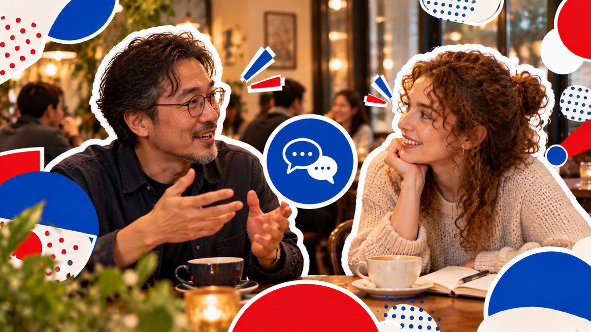 Two people from different countries in mid-conversation at a café table, one telling a story while the other listens and smiles