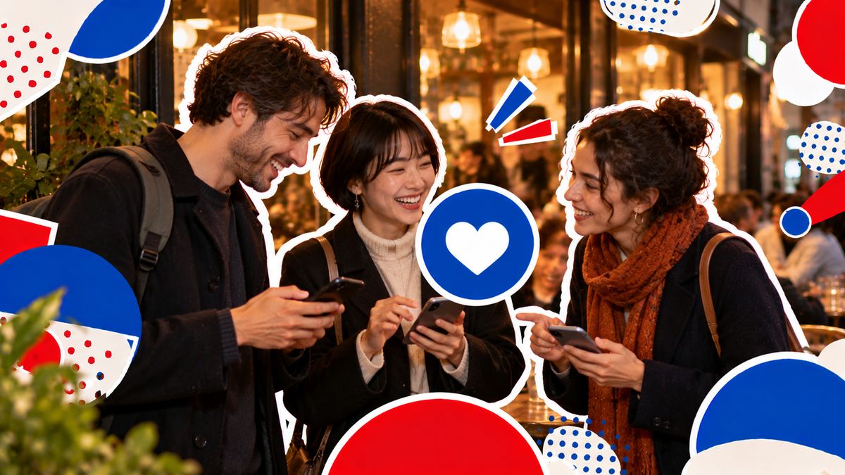 Participants laughing together at the end of the evening and swapping contacts on their phones