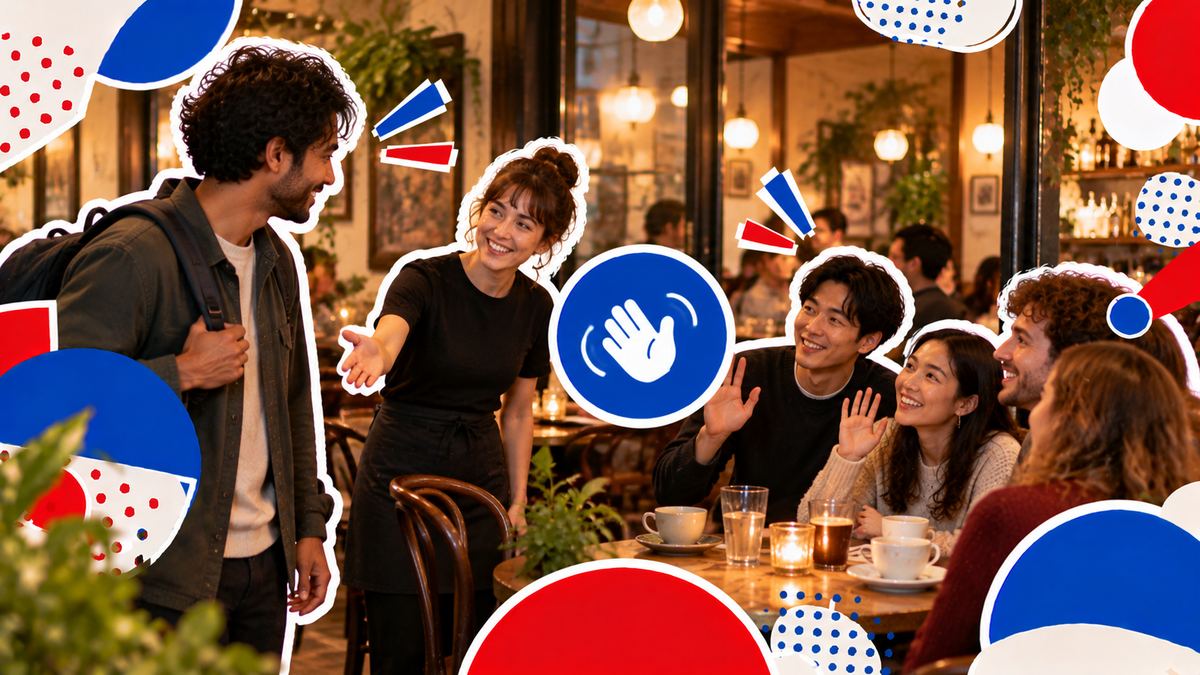 A man arriving alone at a café while a waitress walks him to a table where people wave hello