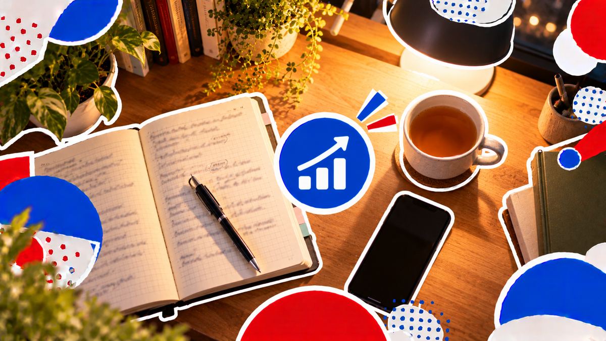 An open notebook on a desk in the evening, with a few words written down after a conversation, a lamp and a cup of tea