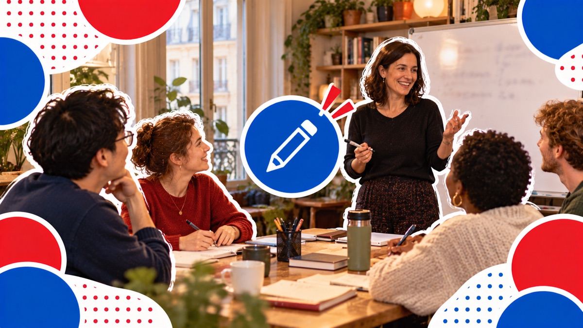 A teacher leading a small French conversation class around a table