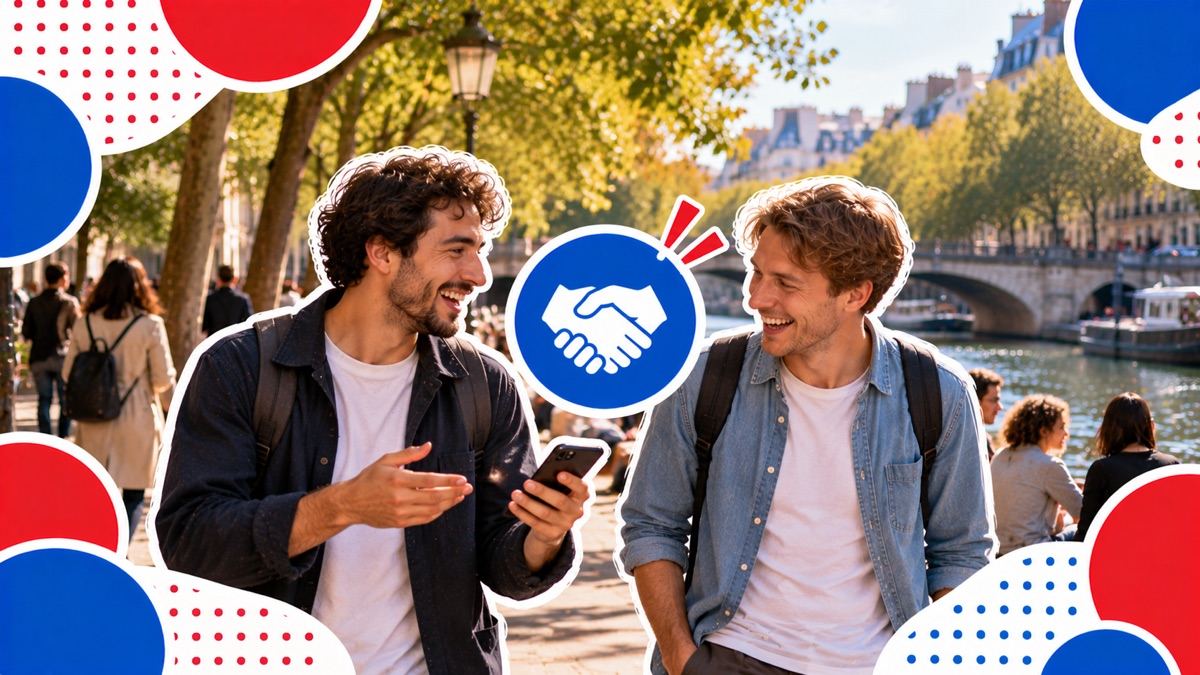 Two friends laughing on a walk along the Seine, one showing his phone