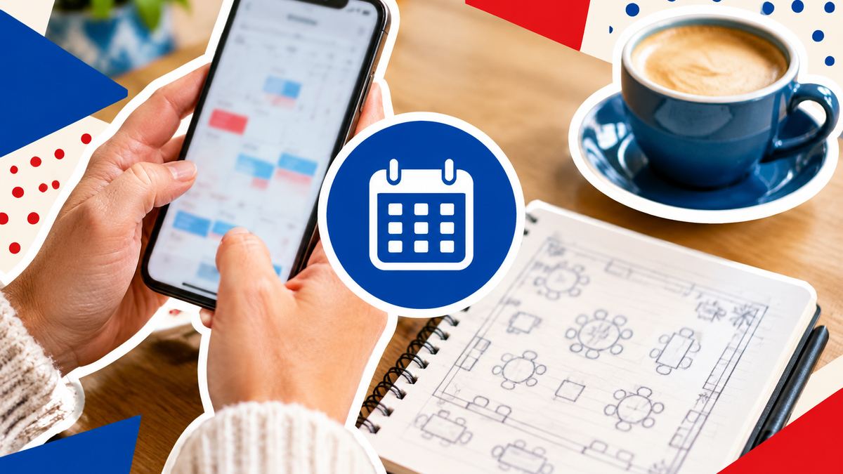 Hands holding a phone above a notebook with a sketched seating plan, a coffee cup beside it