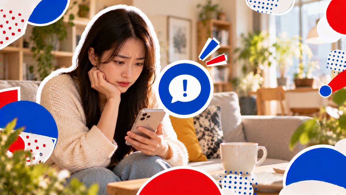 ソファに一人で座り、スマートフォンのチャットを見て少し顔をしかめる女性