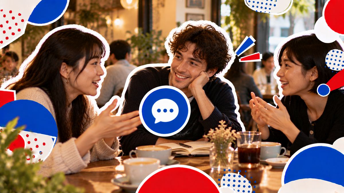 A young man listening and smiling at a café table while two women talk, a notebook on the table
