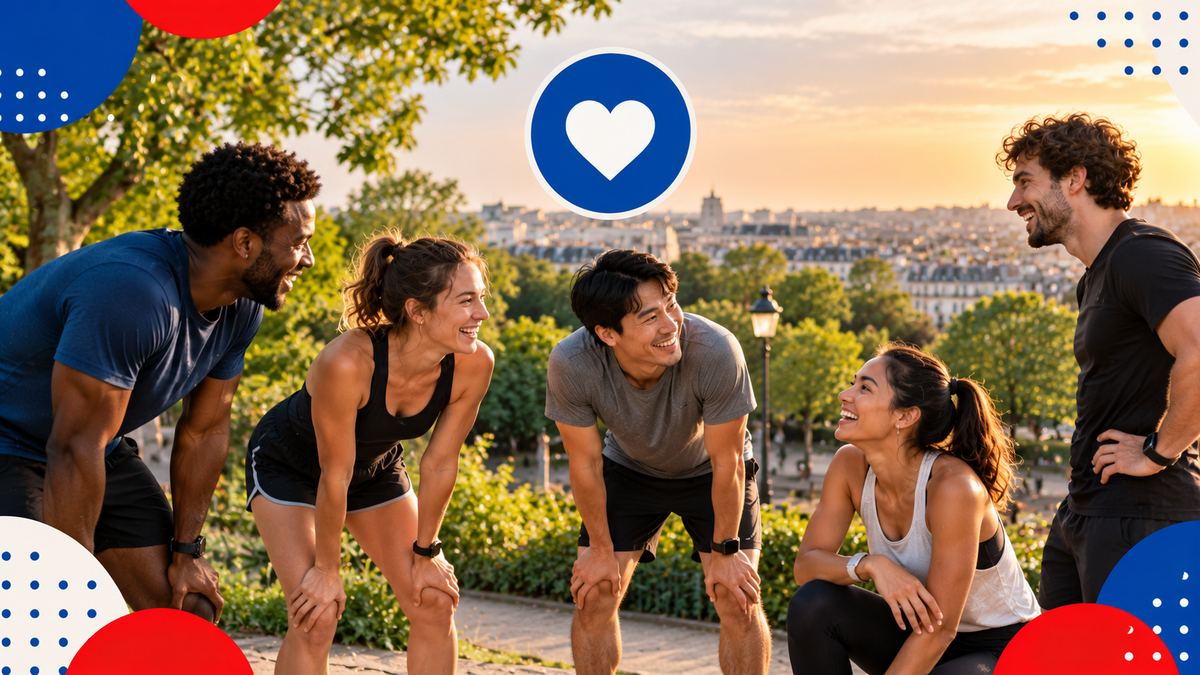 Un petit groupe de coureurs d'âges et d'origines variés qui s'arrêtent, essoufflés et souriants, dans un parc parisien vallonné