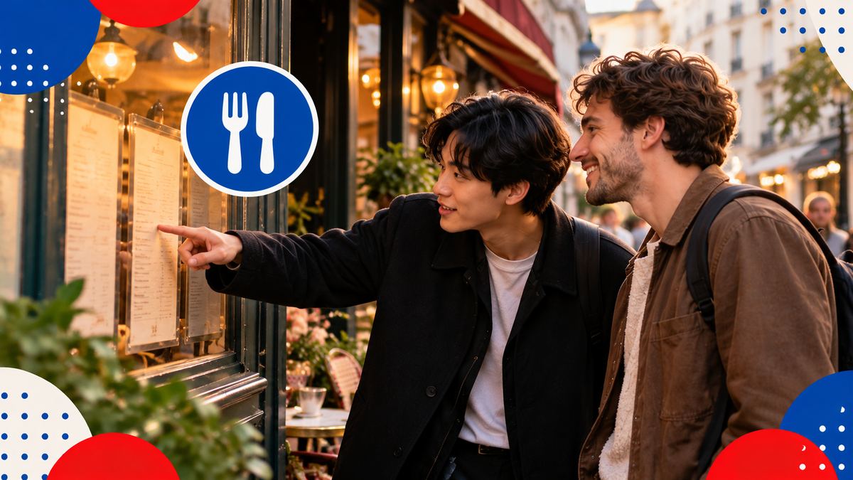 Deux amis qui regardent la carte affichée en vitrine d'un petit restaurant de quartier, l'un pointe un plat