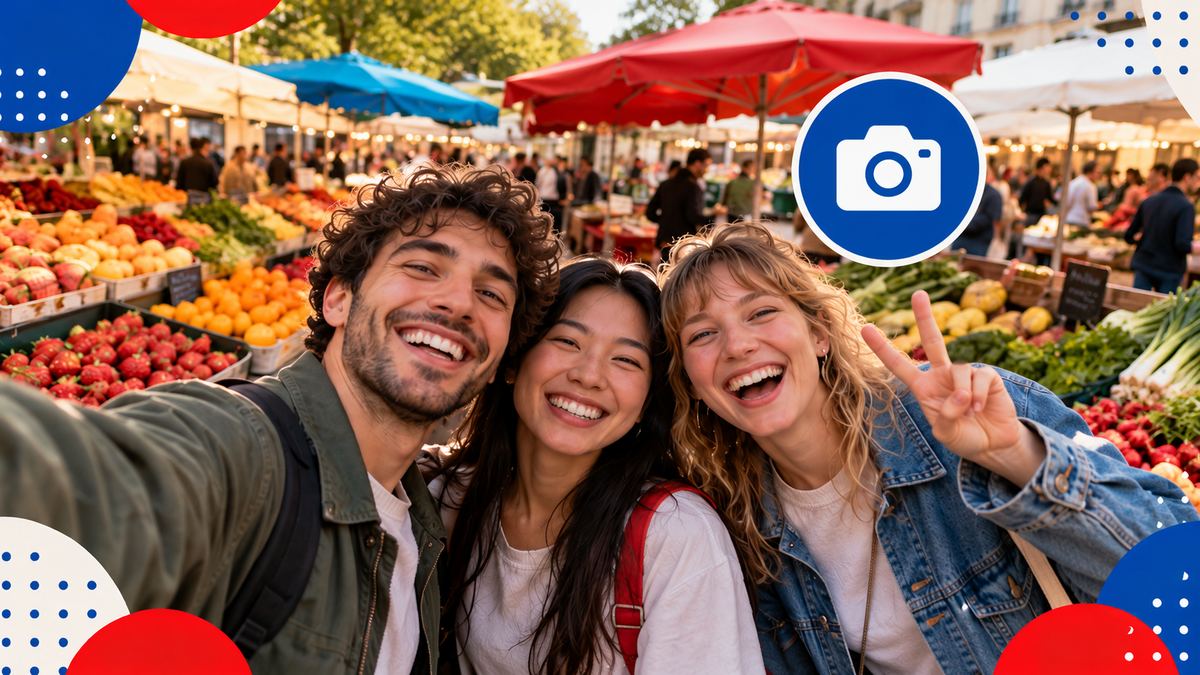 Trois amis qui prennent un selfie en riant au milieu d'un marché parisien en plein air
