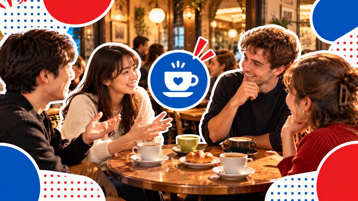 Un petit groupe de conversation franco-japonaise autour d'une table de café