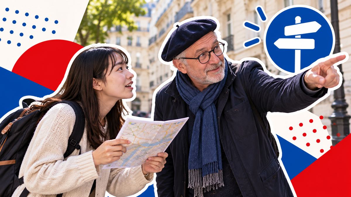 パリの通りで、リュックを背負った日本人の若い女性が年配の通行人に道を聞き、通行人が方向を指さしている様子