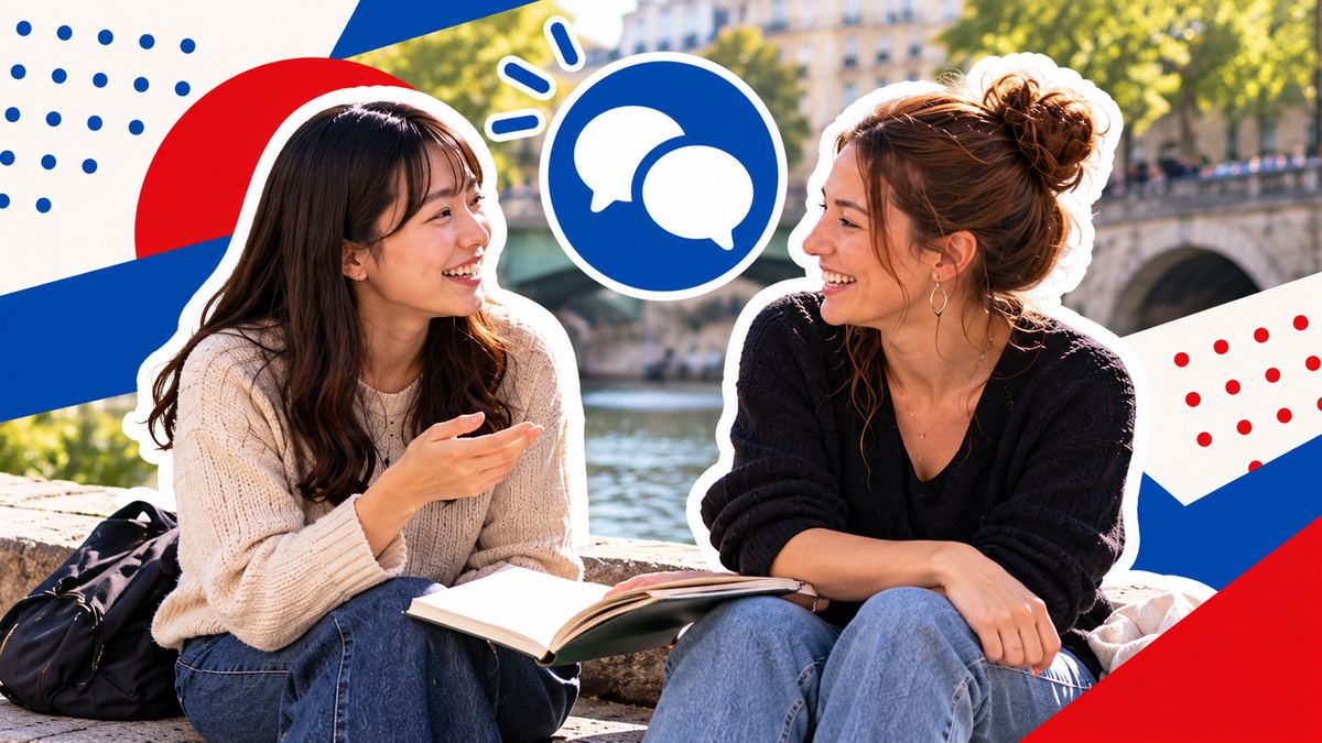 パリの運河のふちに座り、ノートを広げて笑いながら話す日本人の女性とフランス人の女性