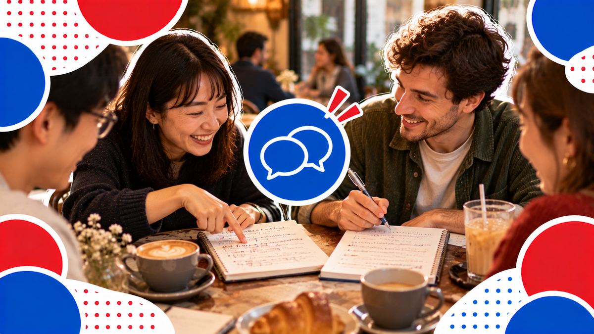 パリの言語交換で、日本人とフランス人がお互いの言葉を教え合う様子