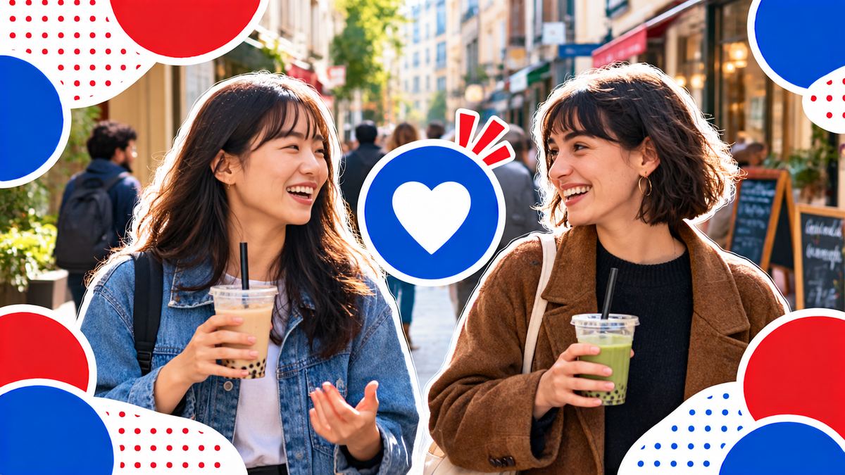 交流会のあと、日本人とフランス人がバブルティーを片手に街を歩く様子