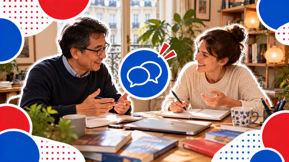 カフェのテーブルで、先生と1対1でフランス語のレッスンを受ける様子