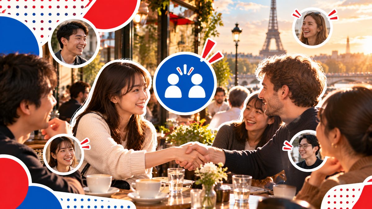 カフェでフランス人と日本人が会話し、人脈が広がるイメージ