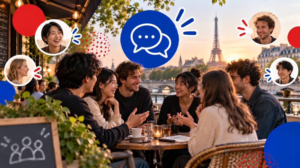 パリのカフェのテラスで話す多国籍のグループ
