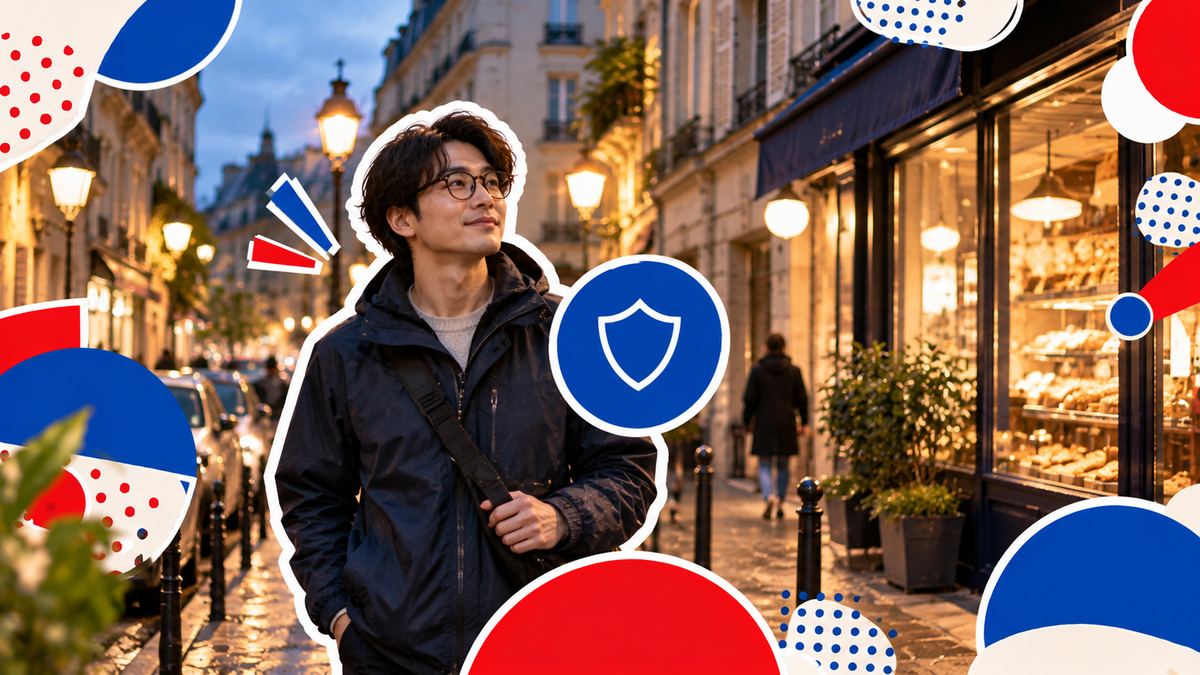 夕暮れのパリの通りを歩く、眼鏡をかけた日本人の男性