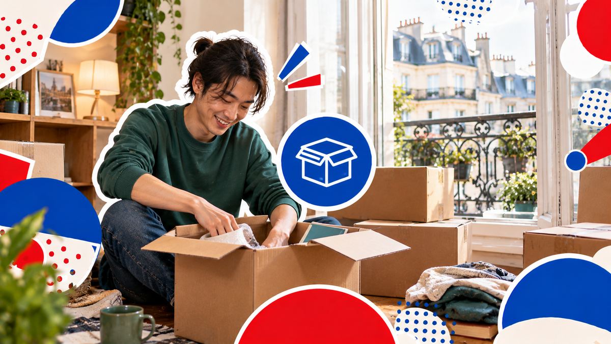 引っ越したばかりのパリの部屋で、段ボールを開けて笑っている若い日本人の男性