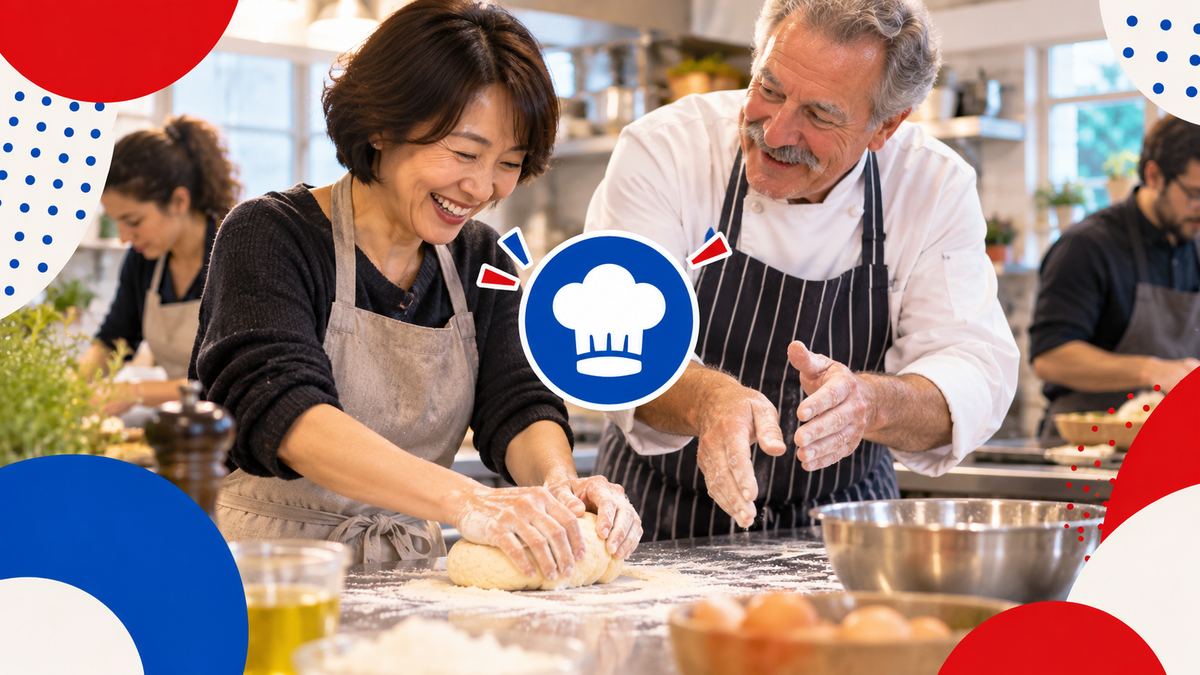 料理教室で、日本人の女性が笑いながら生地をこね、フランス人のシェフが手本を見せている様子