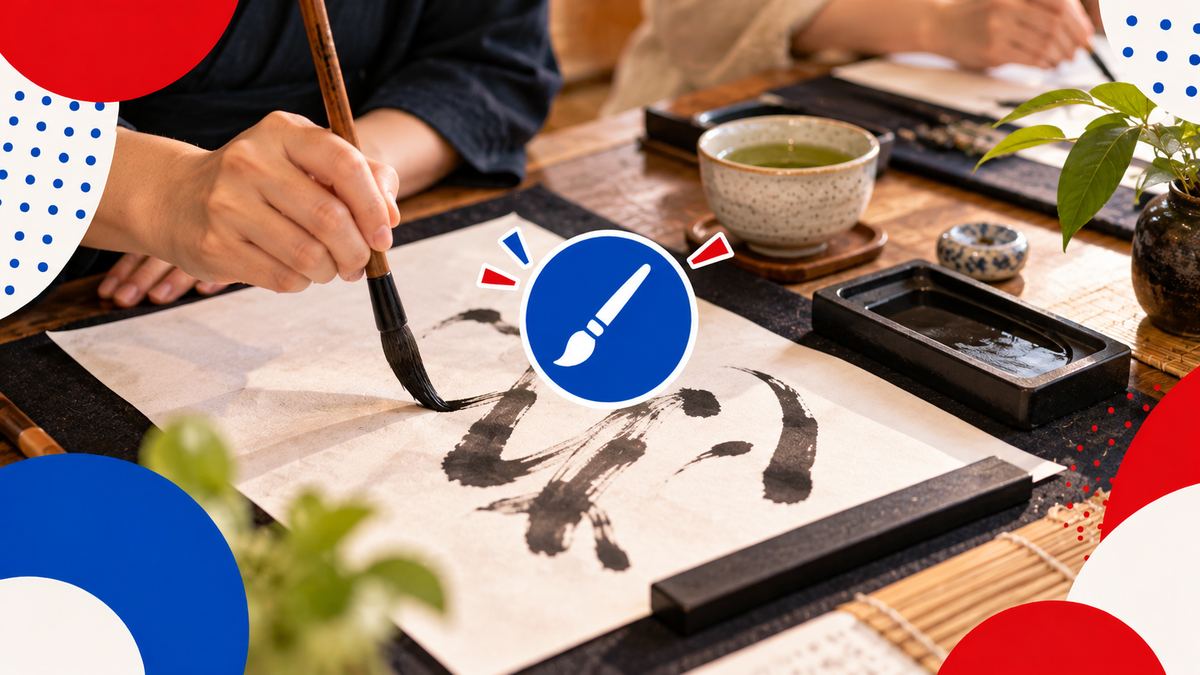 筆、墨、硯、抽象的な線が書かれた紙と、お茶が置かれたテーブルを上から見たところ
