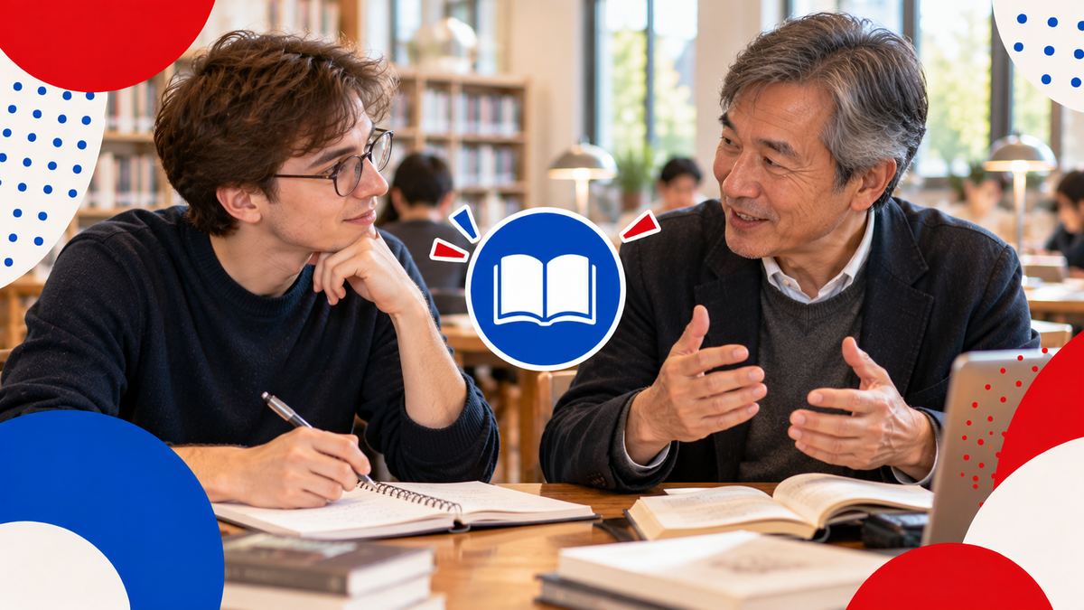 図書館の一室で、ノートを開いたフランス人の若い男性が、日本人の男性の話を熱心に聞いている様子