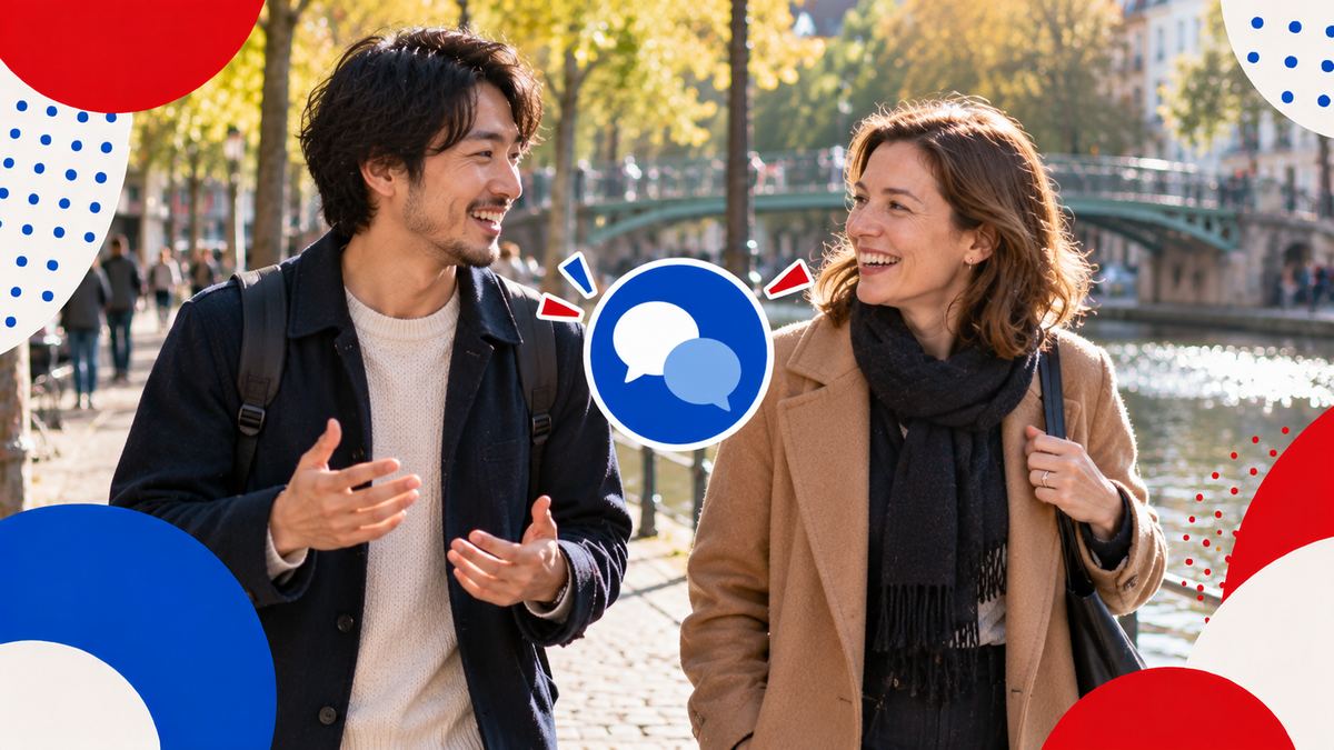 パリの運河沿いを、笑いながら並んで歩く日本人の男性とフランス人の女性