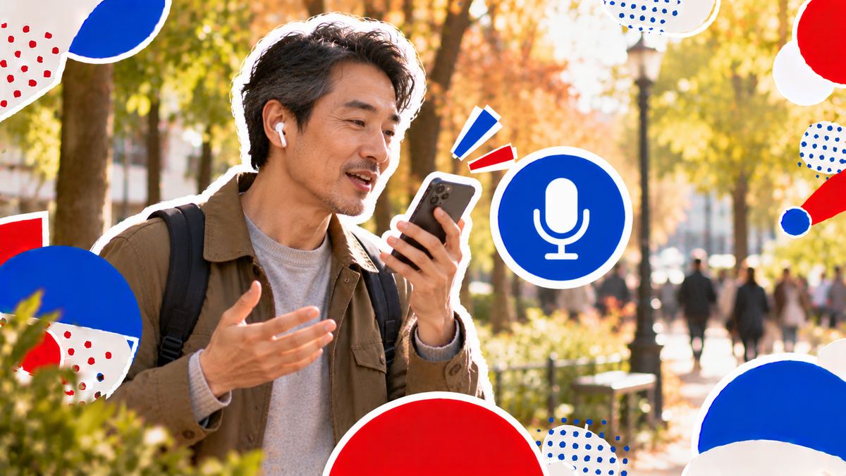 A man speaking into his phone with earphones while walking in a park, practising a language out loud