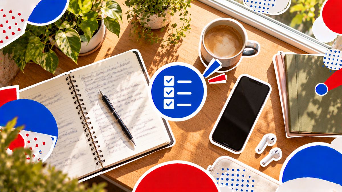 A notebook, a phone and a coffee laid out on a desk next to a window, seen from above