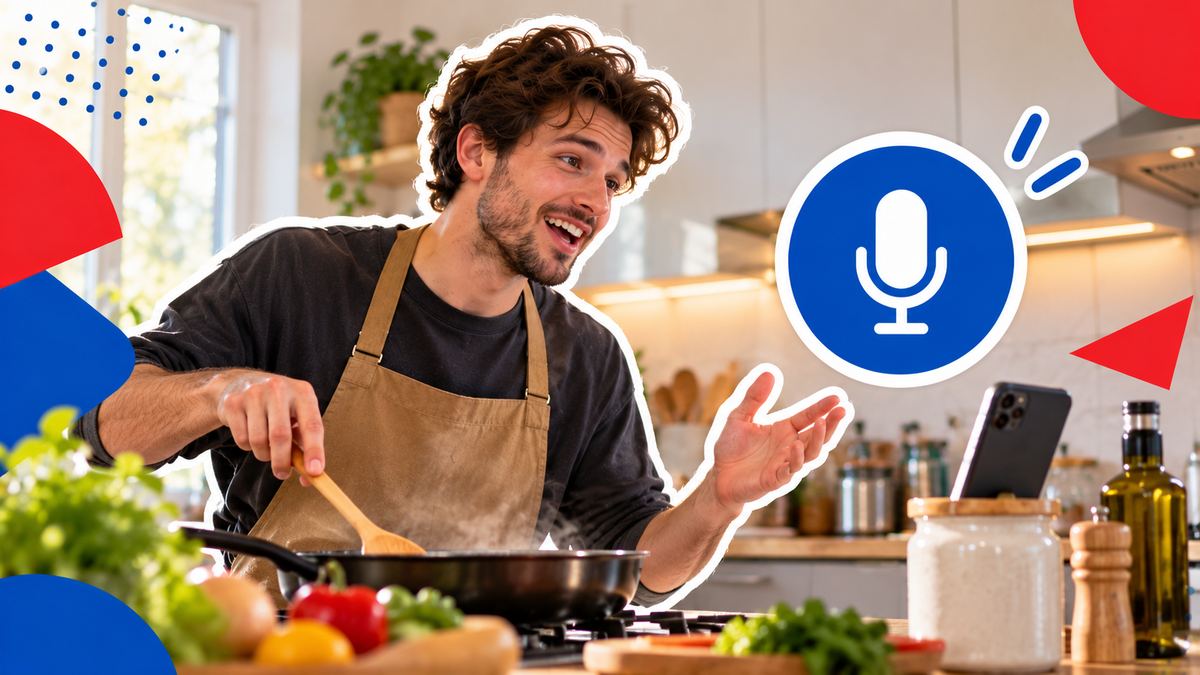 A man practising out loud alone in his kitchen while cooking, phone propped up beside him